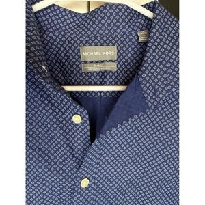 Michael Kors Mens Slim Fit‎ Untucked Length Blue Pattern Dress Shirt